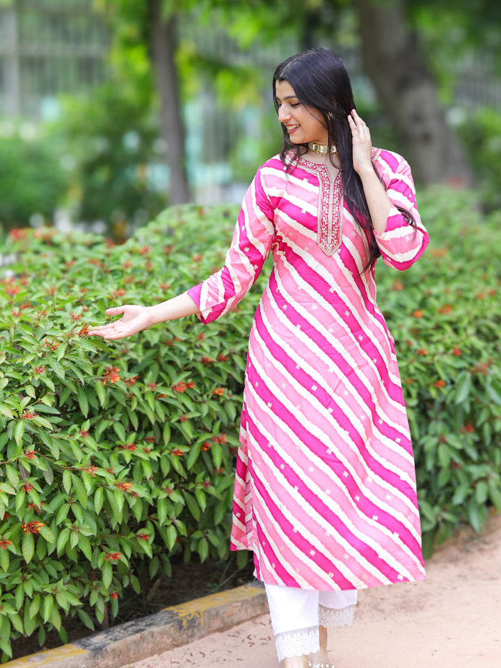 Zeenat Barbie Pink Zari Lace Work In Leheriya Printed Muslin Modal Kurti
