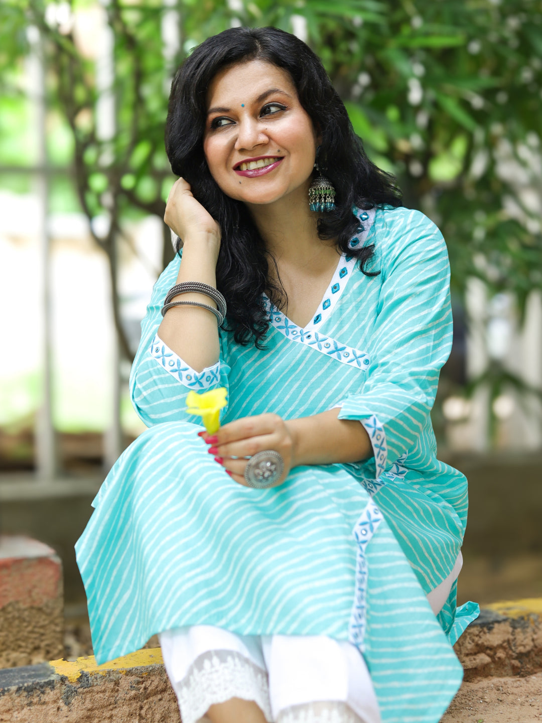 Barkha Aqua Blue Angrakha Neck In leheriya Printed Cotton Kurti