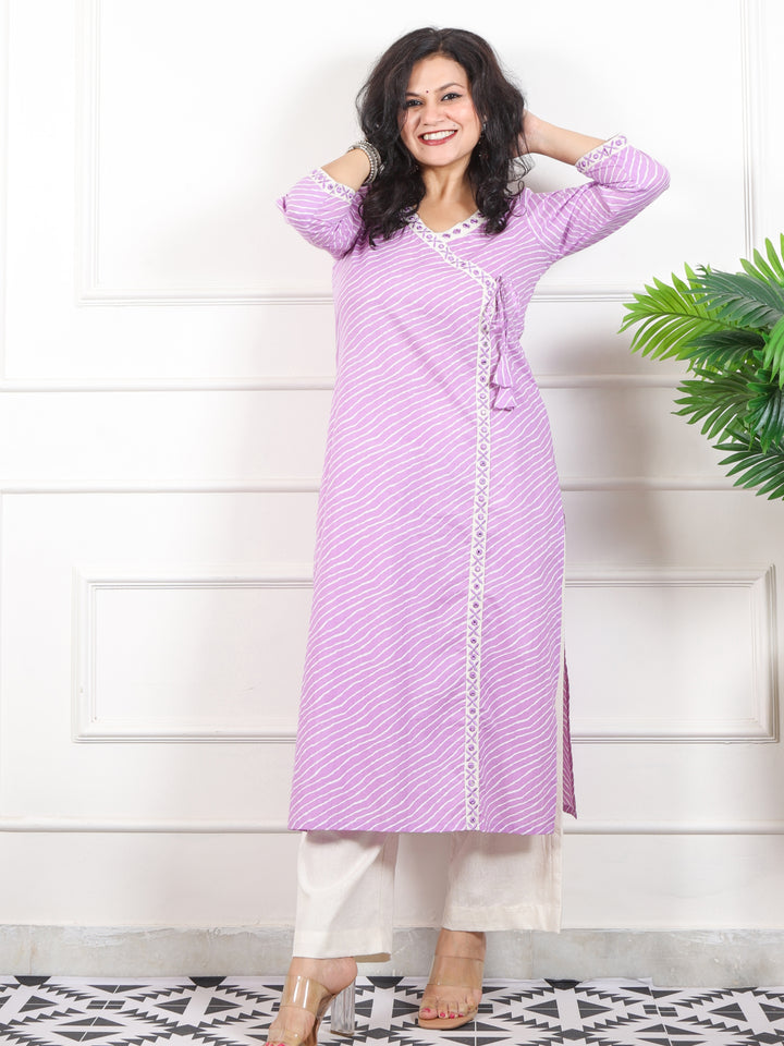 Barkha Soft Lilac Angrakha Neck In leheriya Printed Cotton Kurti