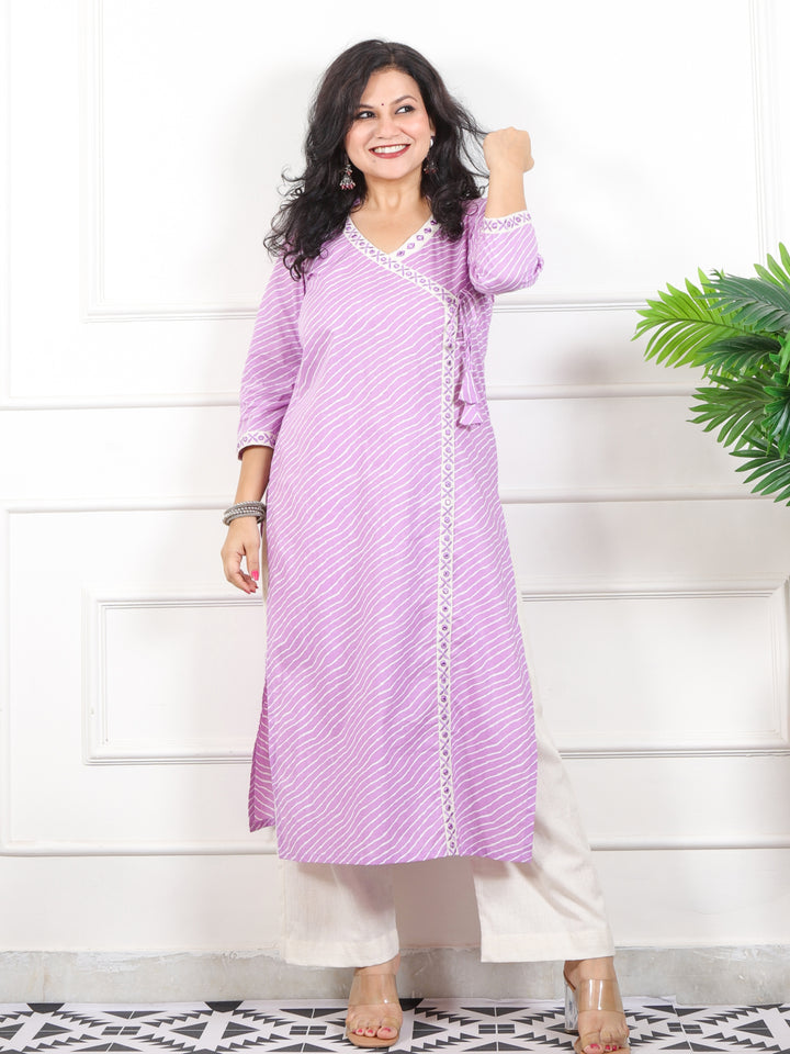 Barkha Soft Lilac Angrakha Neck In leheriya Printed Cotton Kurti