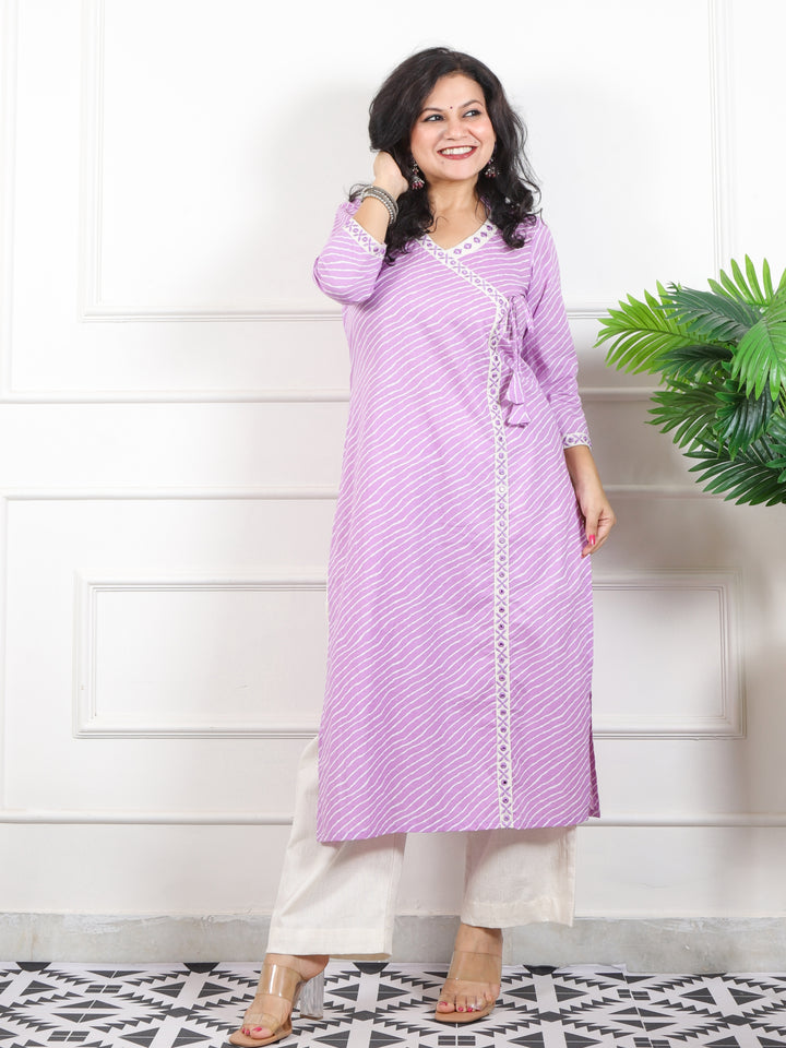 Barkha Soft Lilac Angrakha Neck In leheriya Printed Cotton Kurti