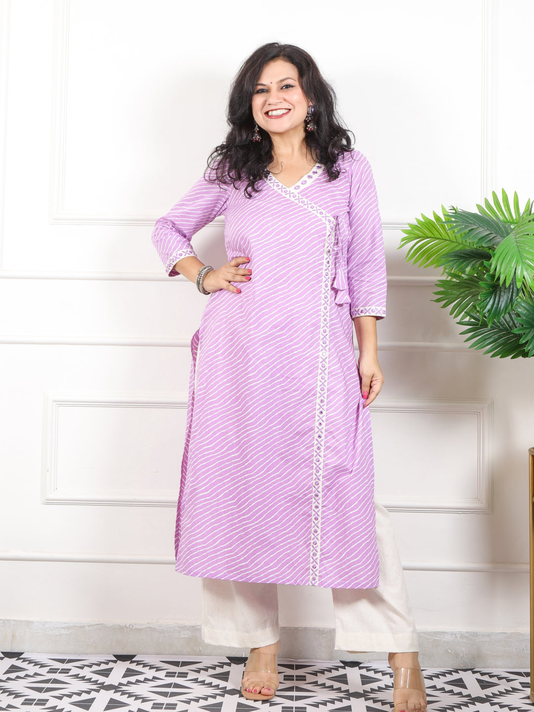 Barkha Soft Lilac Angrakha Neck In leheriya Printed Cotton Kurti