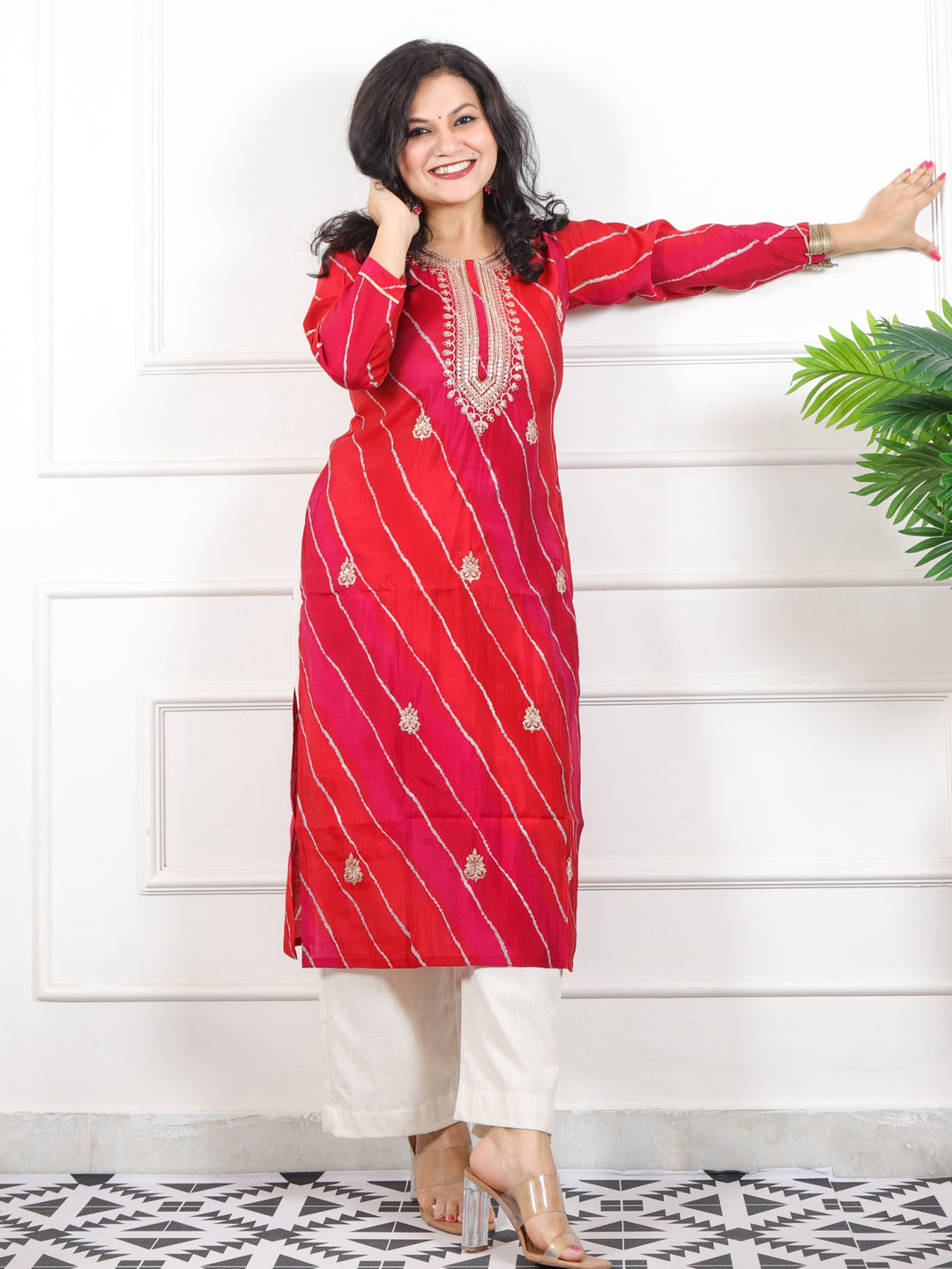 Zeenat Apple Red Zari Lace Work In Leheriya Printed Muslin Modal Kurti