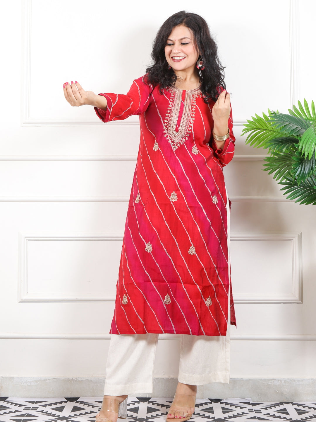 Zeenat Apple Red Zari Lace Work In Leheriya Printed Muslin Modal Kurti