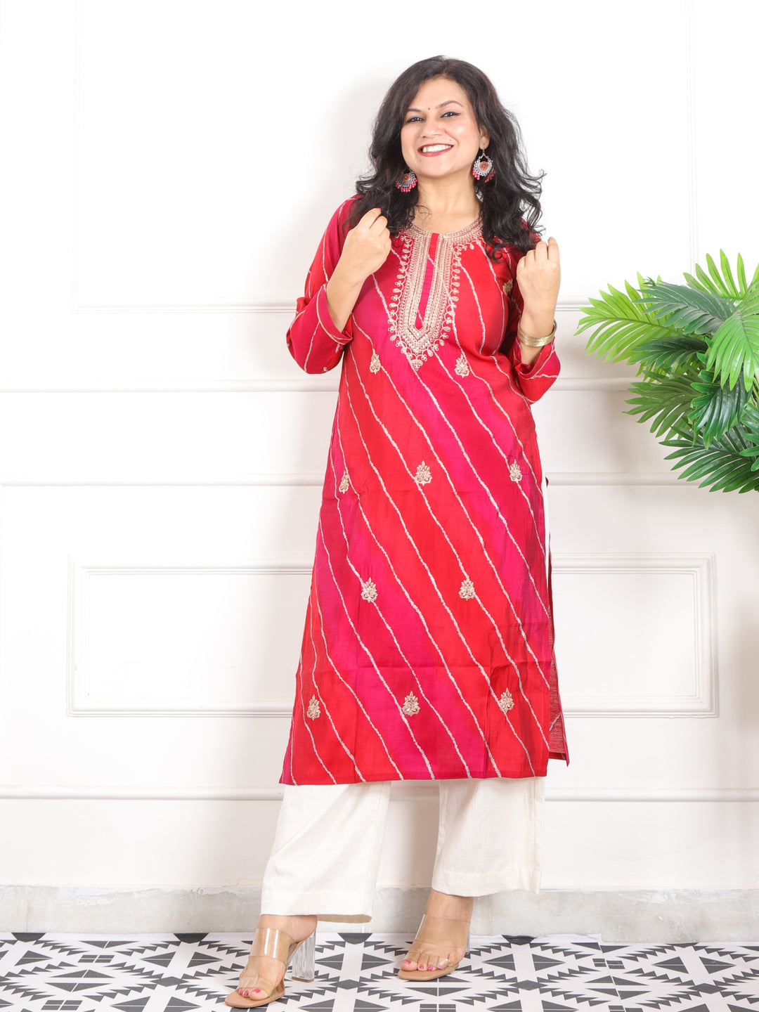 Zeenat Apple Red Zari Lace Work In Leheriya Printed Muslin Modal Kurti