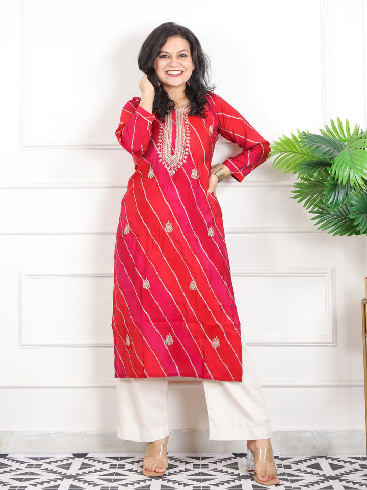 Zeenat Apple Red Zari Lace Work In Leheriya Printed Muslin Modal Kurti