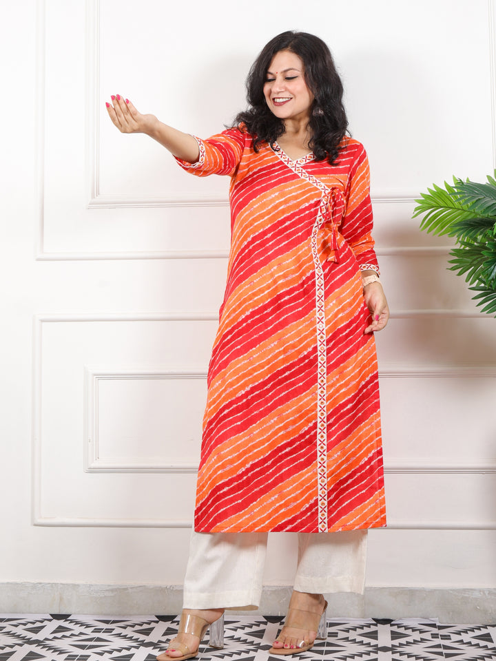 Lehrayi Tangy Orange Long Angrakha Style leheriya Printed Cotton Kurti