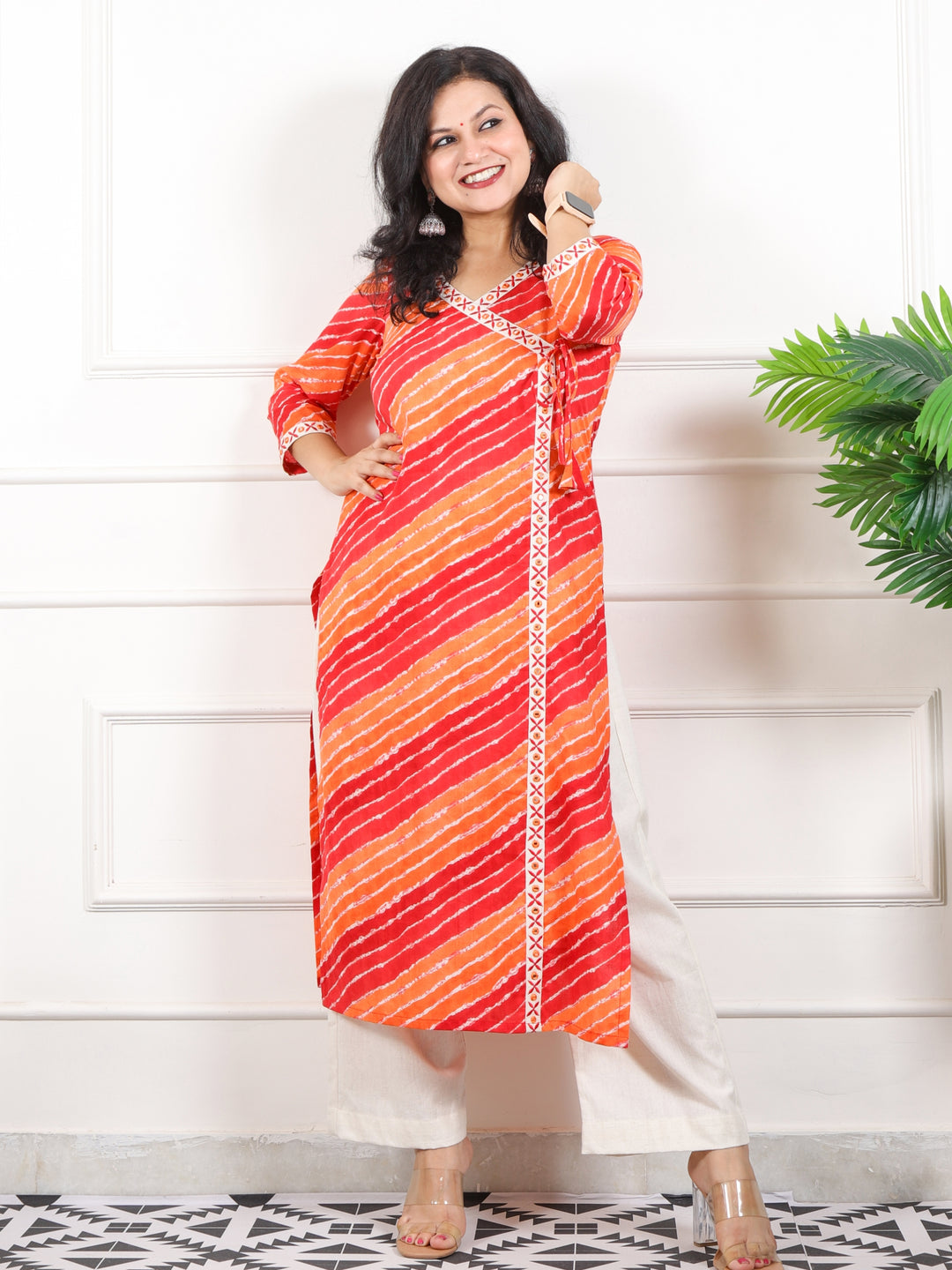 Lehrayi Tangy Orange Long Angrakha Style leheriya Printed Cotton Kurti