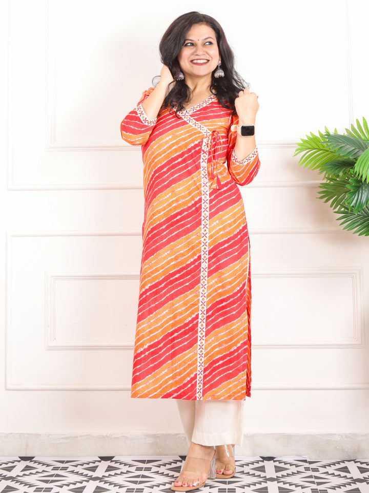 Lehrayi Tangy Orange Long Angrakha Style leheriya Printed Cotton Kurti