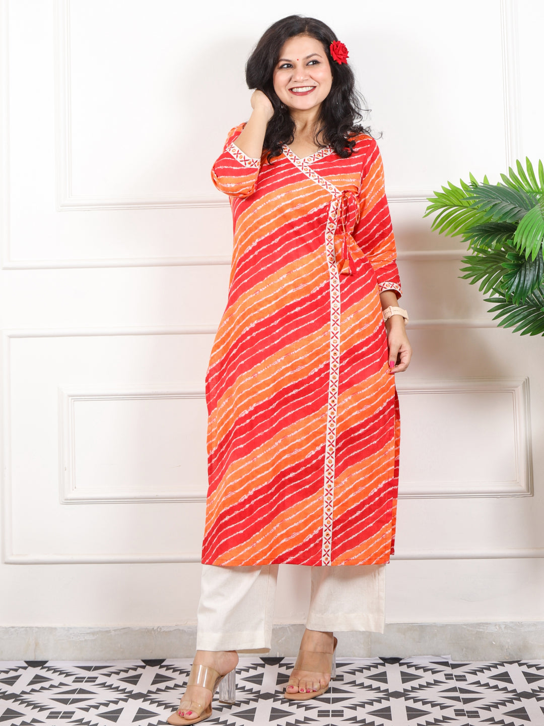 Lehrayi Tangy Orange Long Angrakha Style leheriya Printed Cotton Kurti