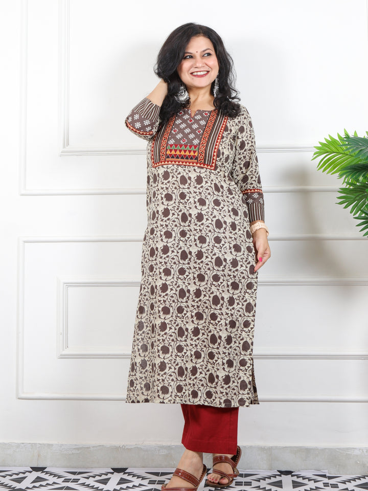 Ruhaniyaat Sand Beige Kutch Patch Neck Work Dabu Printed Cotton Kurti-D2