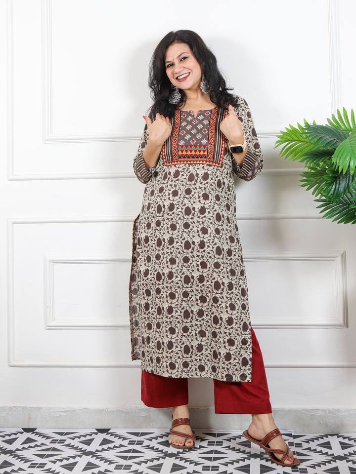 Ruhaniyaat Sand Beige Kutch Patch Neck Work Dabu Printed Cotton Kurti-D2