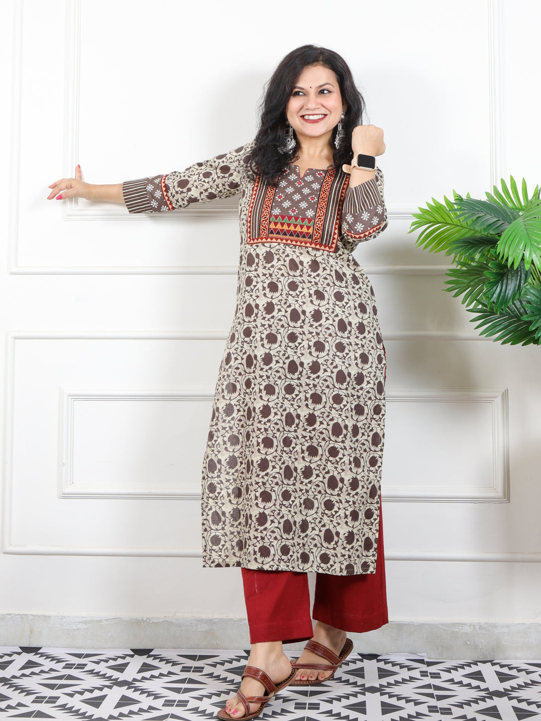 Ruhaniyaat Sand Beige Kutch Patch Neck Work Dabu Printed Cotton Kurti-D2