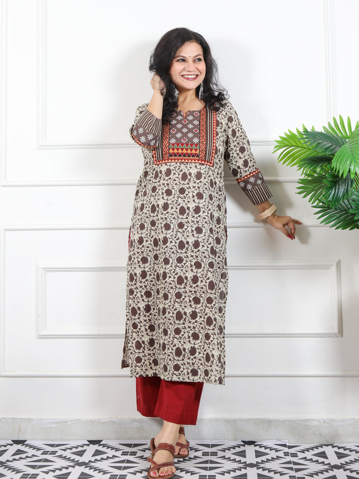 Ruhaniyaat Sand Beige Kutch Patch Neck Work Dabu Printed Cotton Kurti-D2