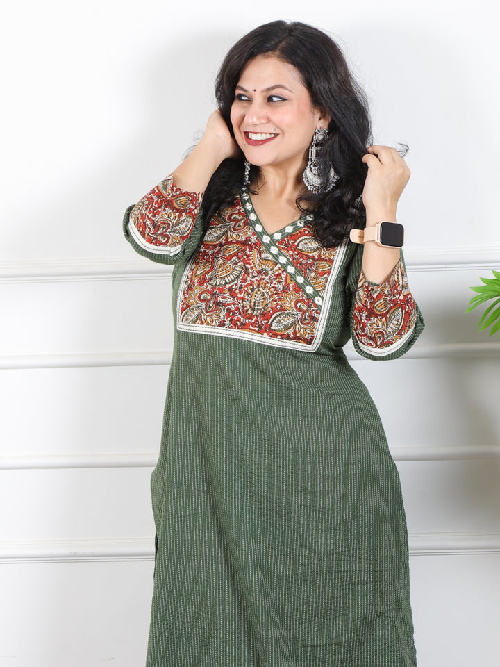 Haniya Grass Green Kalamkari Printed Angrakha Neck Work Kantha Cotton Kurti