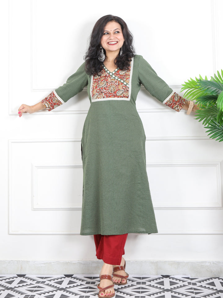 Haniya Grass Green Kalamkari Printed Angrakha Neck Work Kantha Cotton Kurti