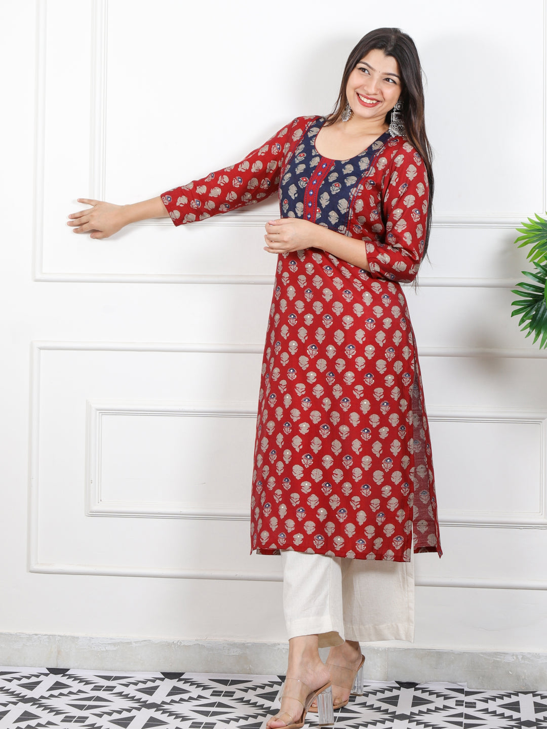 Rufsa Blood Red Mirror Neck Detailing in Printed Modal Kurti