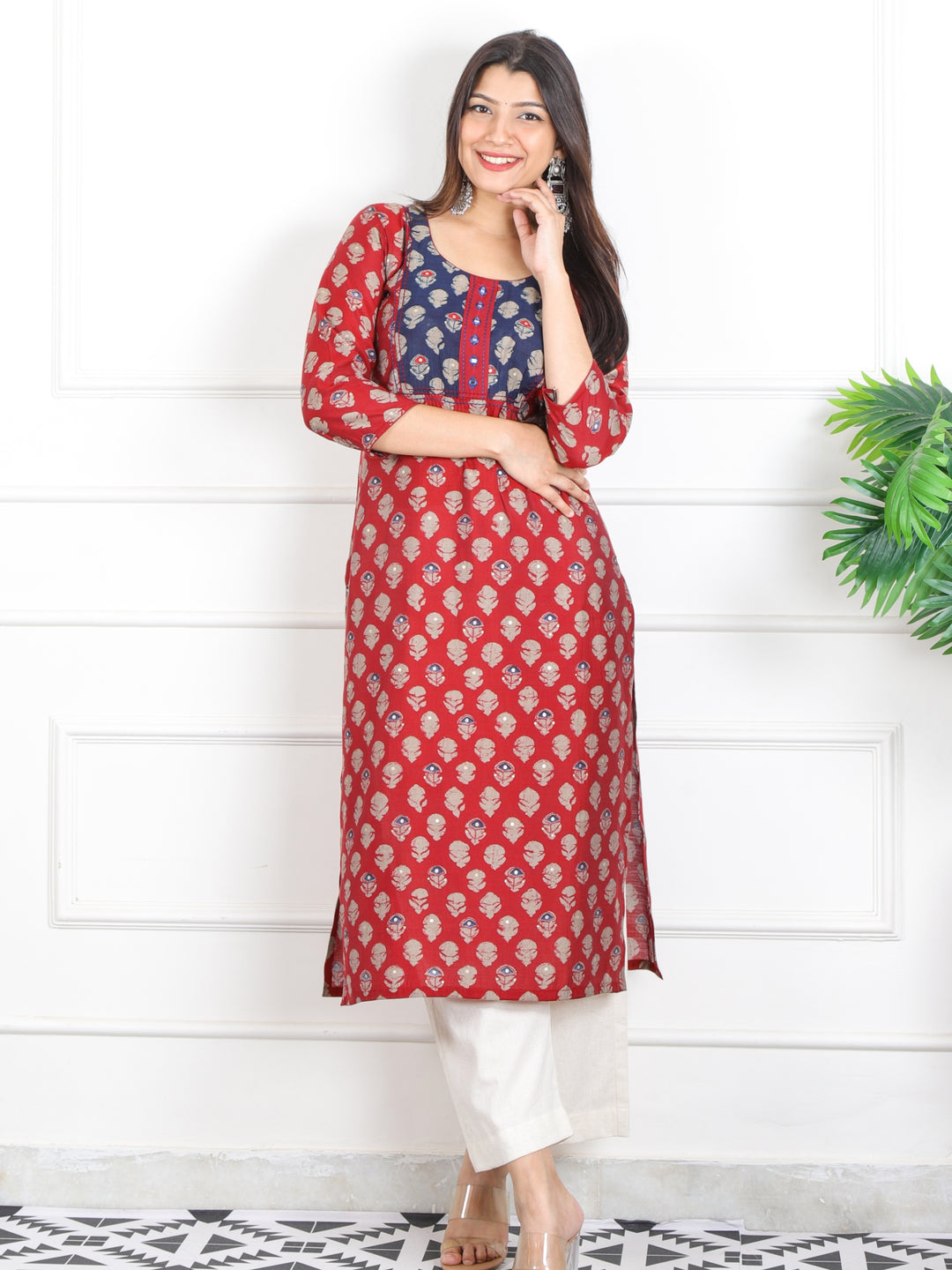 Rufsa Blood Red Mirror Neck Detailing in Printed Modal Kurti