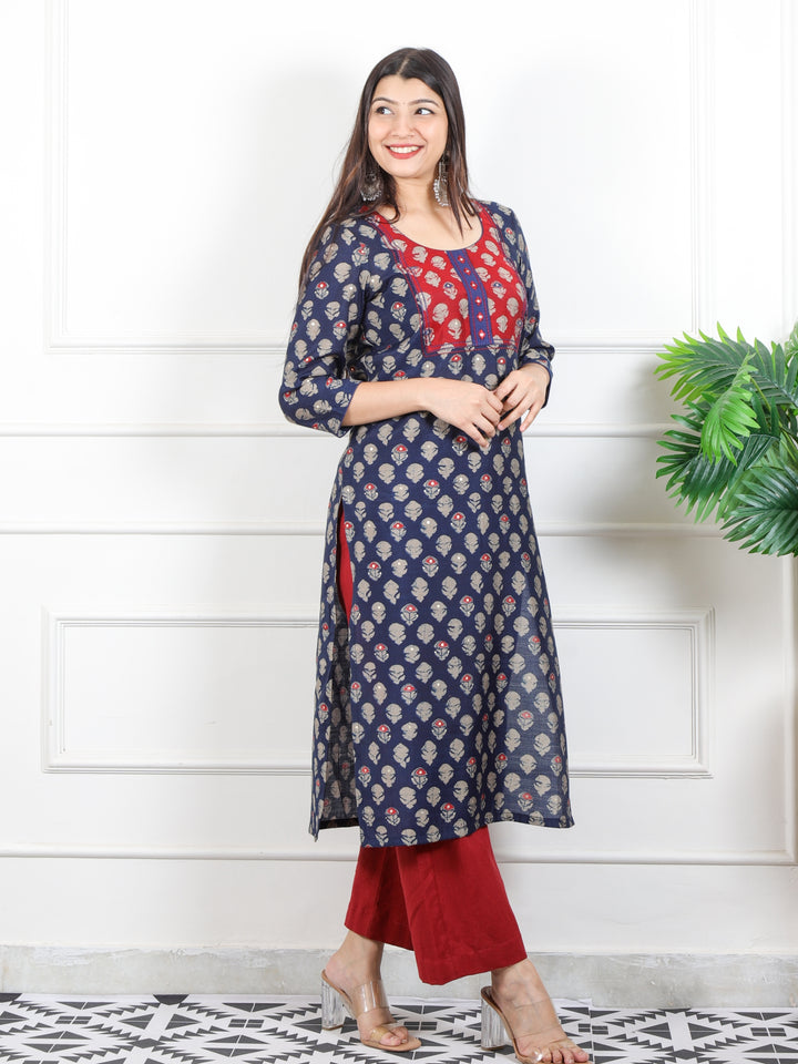 Rufsa Navy Blue Mirror Neck Detailing in Printed Modal Kurti