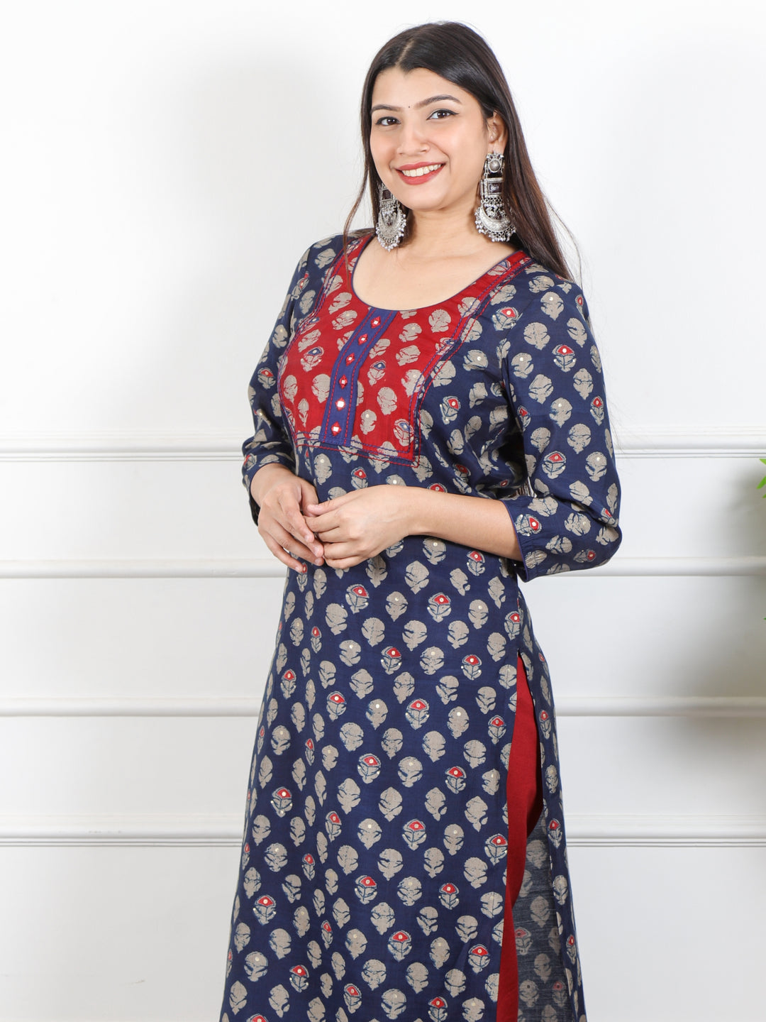 Rufsa Navy Blue Mirror Neck Detailing in Printed Modal Kurti