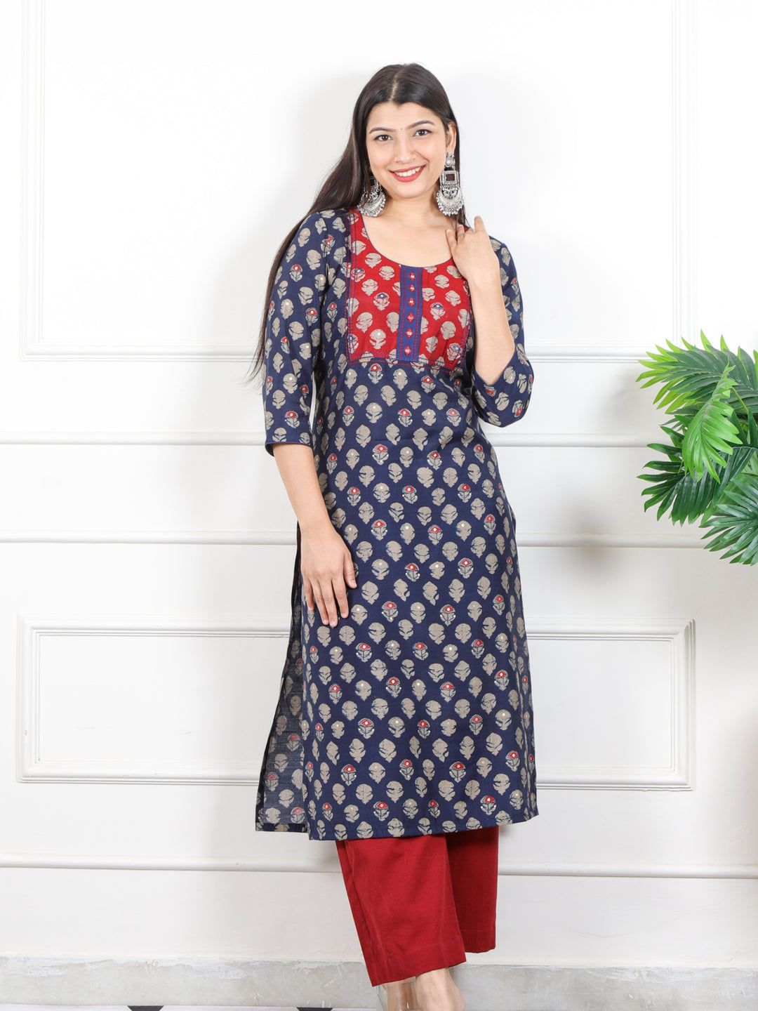 Rufsa Navy Blue Mirror Neck Detailing in Printed Modal Kurti