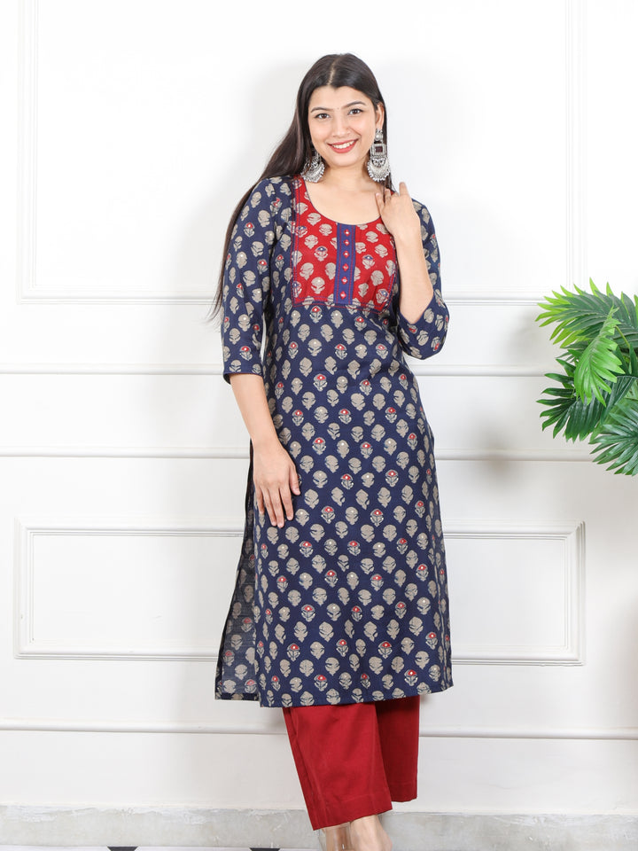 Rufsa Navy Blue Mirror Neck Detailing in Printed Modal Kurti