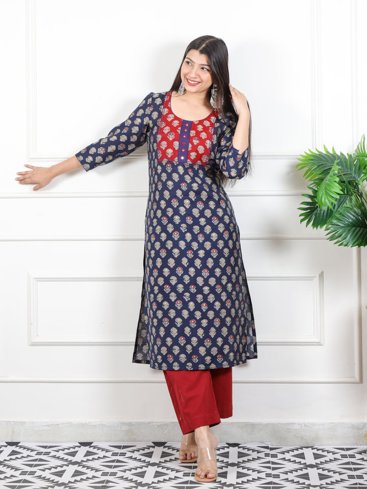 Rufsa Navy Blue Mirror Neck Detailing in Printed Modal Kurti