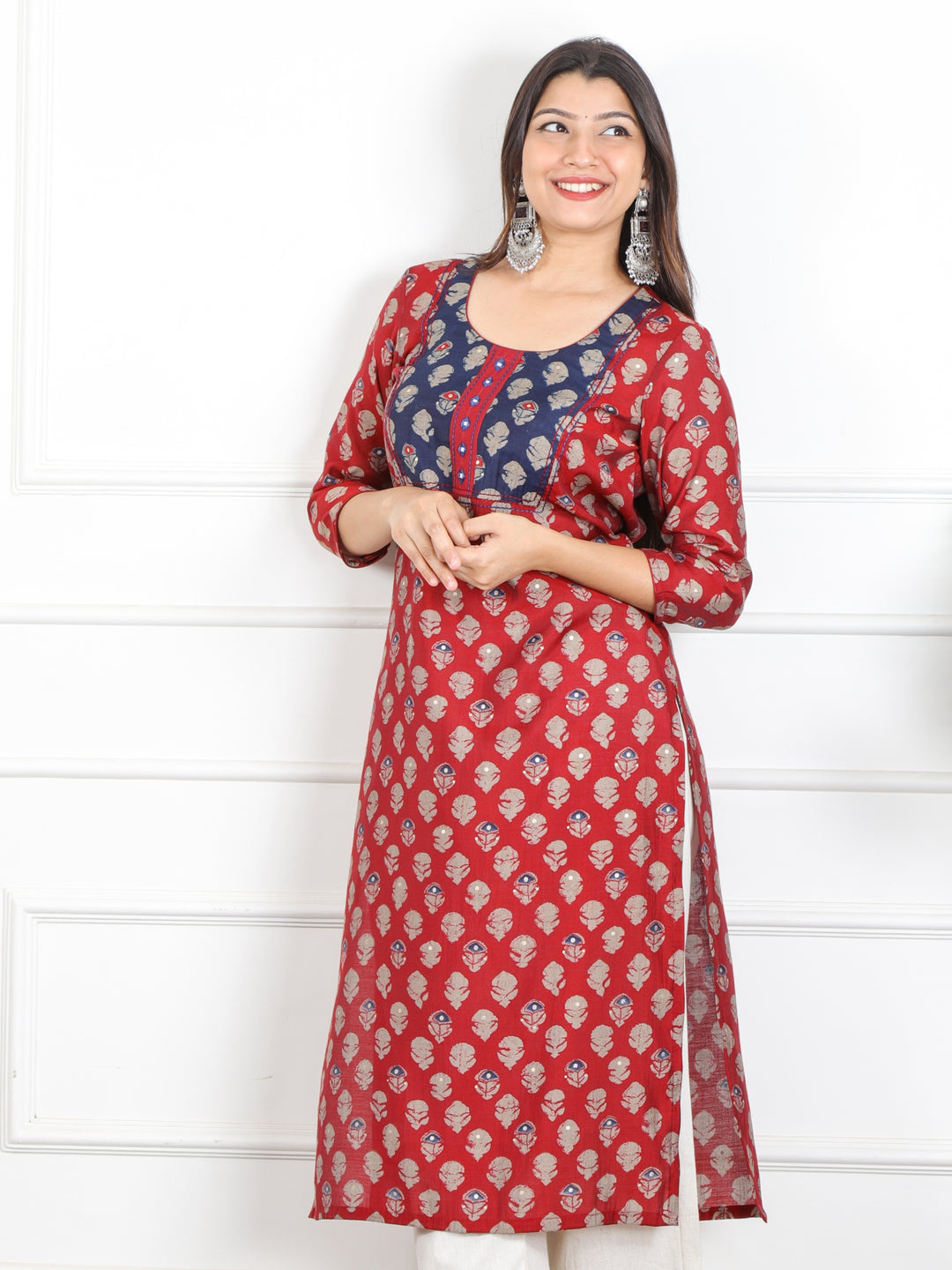 Rufsa Blood Red Mirror Neck Detailing in Printed Modal Kurti