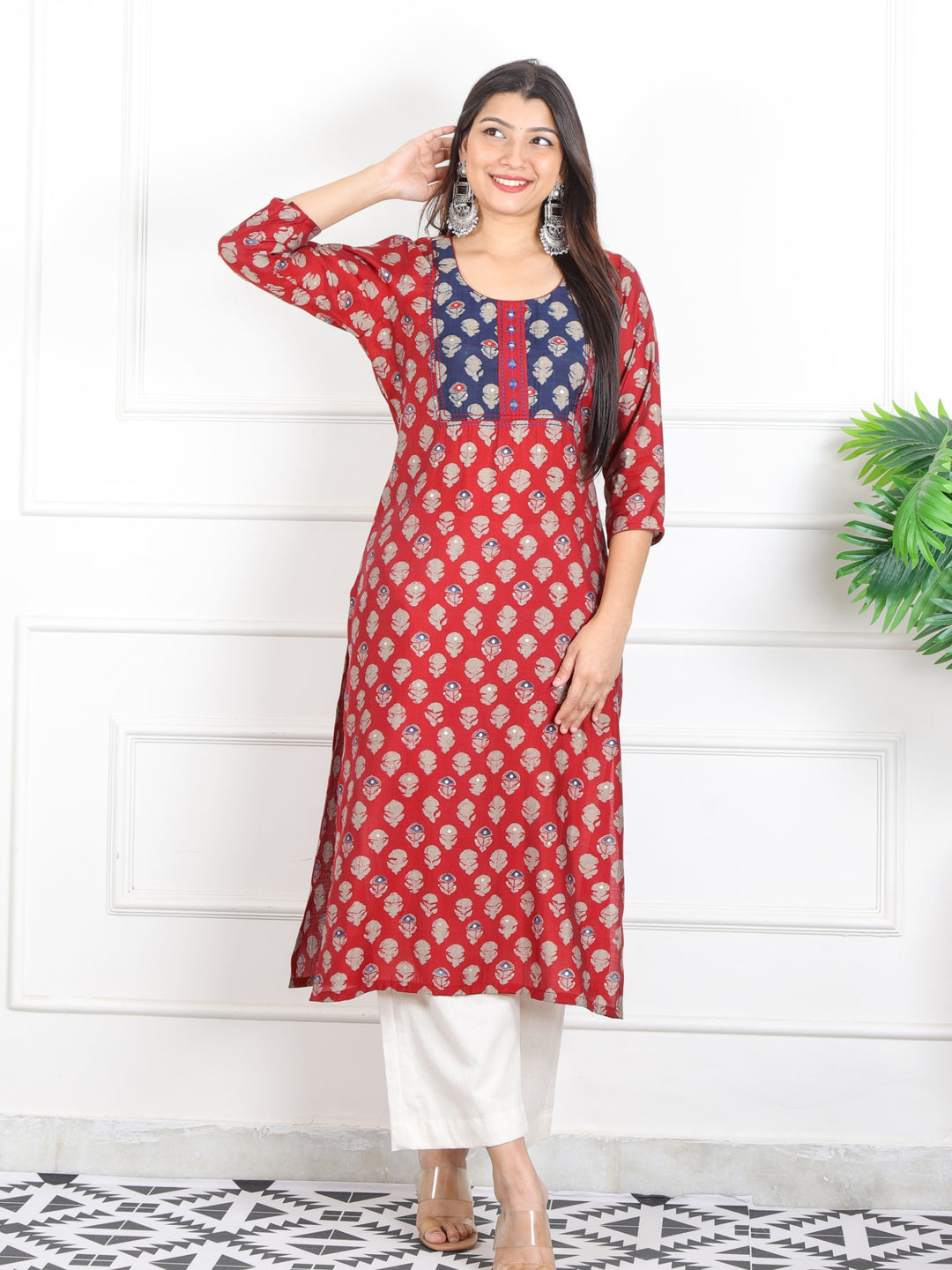 Rufsa Blood Red Mirror Neck Detailing in Printed Modal Kurti
