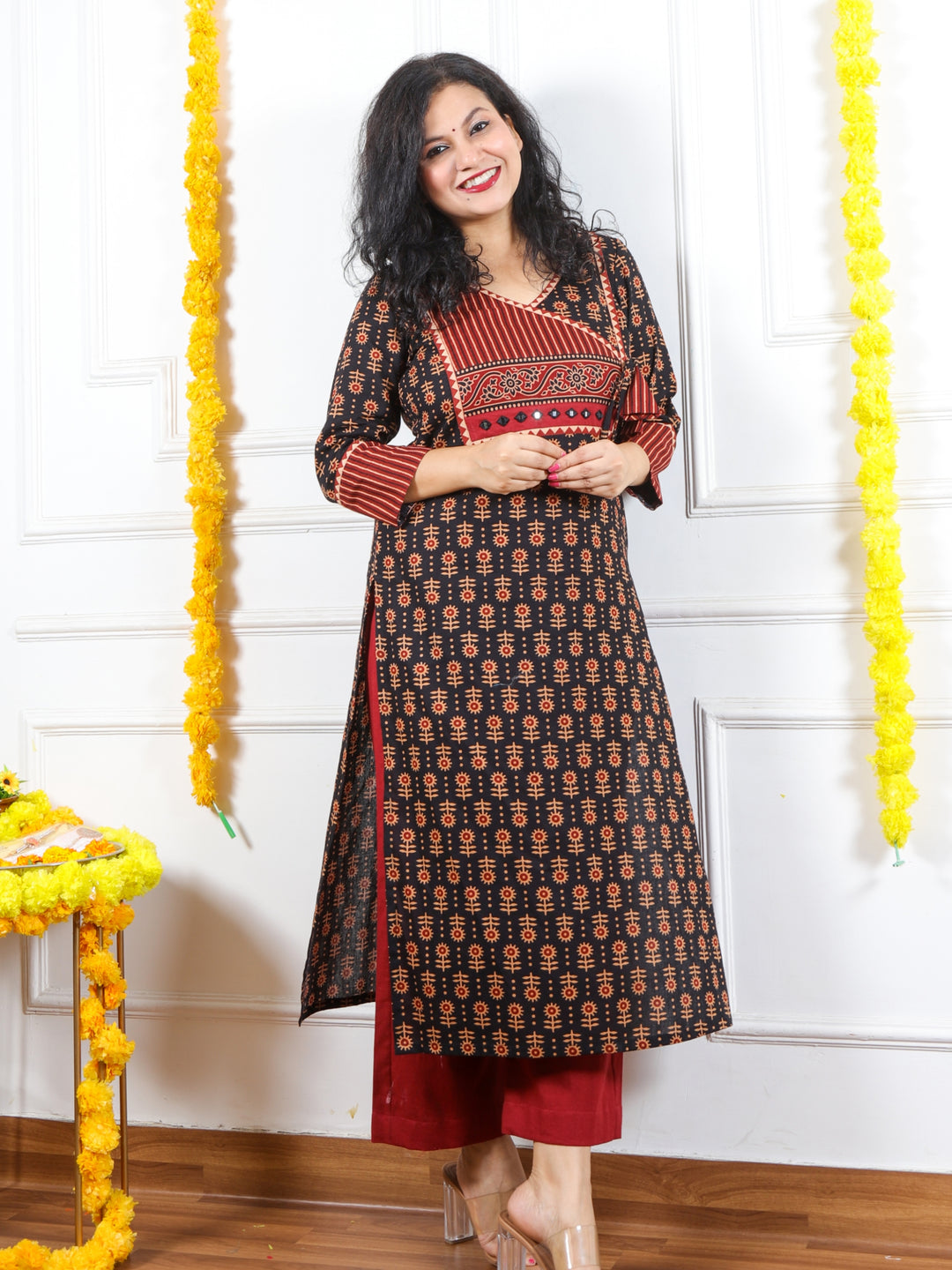 Rooh Crow Black Angrakha Neck Yock with Printed Cotton Kurti
