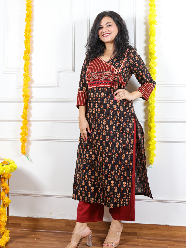 Rooh Crow Black Angrakha Neck Yock with Printed Cotton Kurti