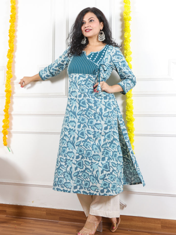 Roop Aqua Teal with Running Stitch Yock Patch Dabu Printed Cotton Kurti