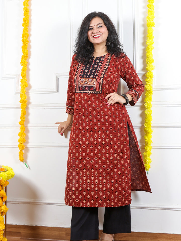 Ghoomer Cherry Red Mirror Neck Kutch Embroidery Ajrak Print Cotton Kurti-D8