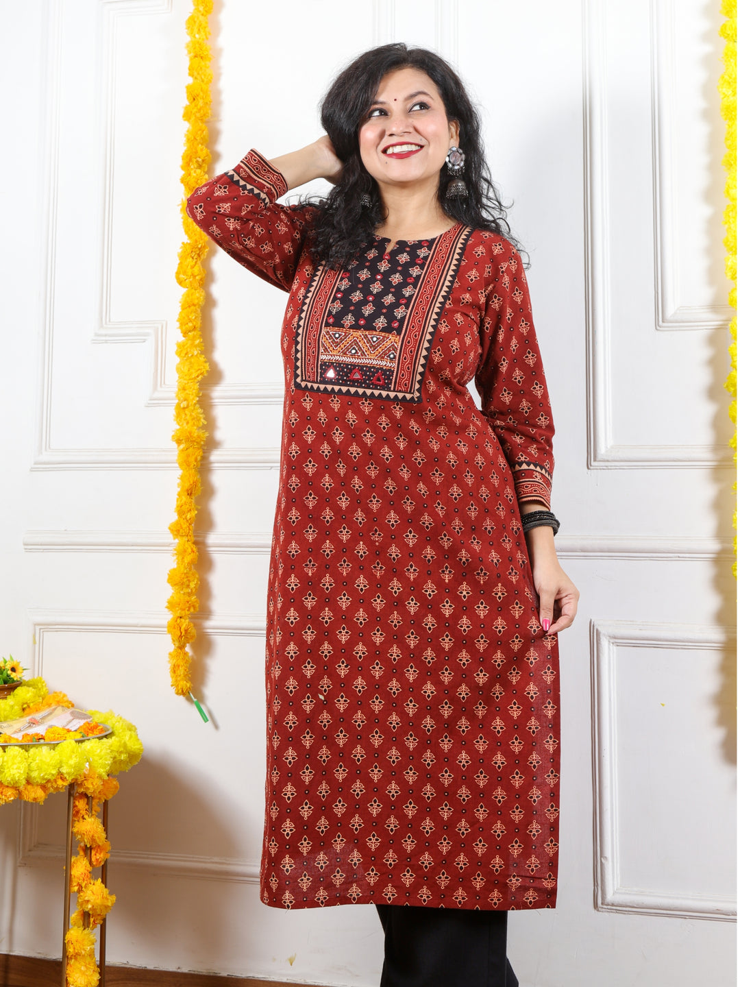 Ghoomer Cherry Red Mirror Neck Kutch Embroidery Ajrak Print Cotton Kurti-D8
