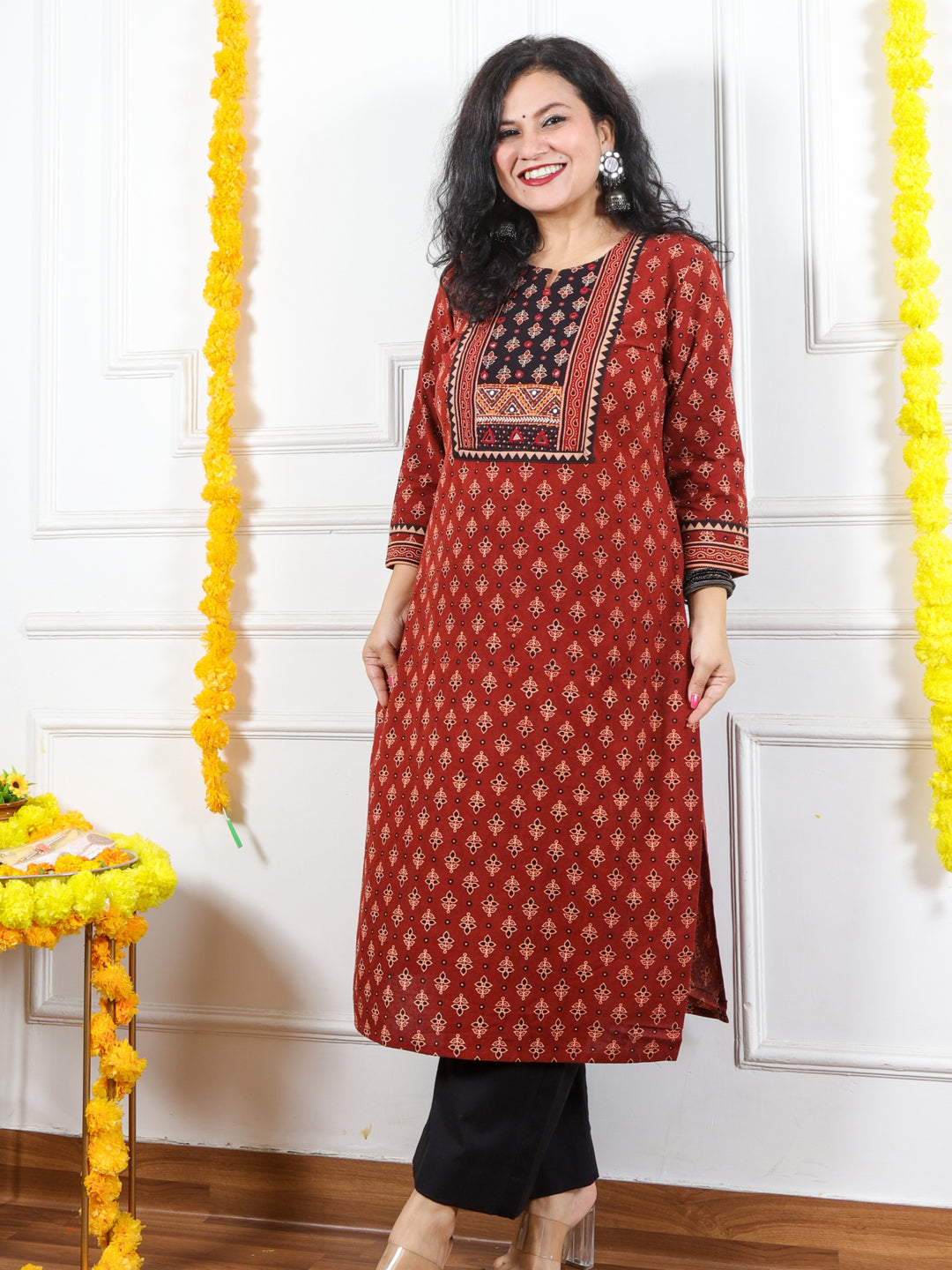 Ghoomer Cherry Red Mirror Neck Kutch Embroidery Ajrak Print Cotton Kurti-D8