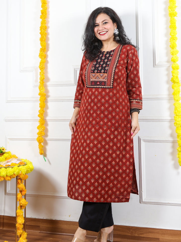 Ghoomer Cherry Red Mirror Neck Kutch Embroidery Ajrak Print Cotton Kurti-D8