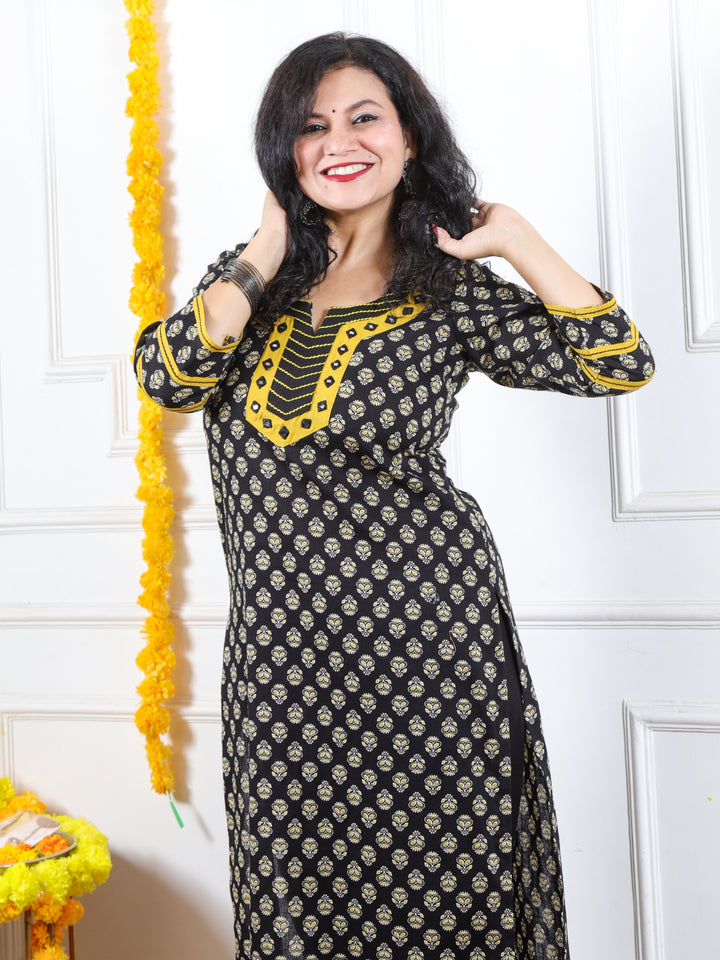 Rooh Ebony Black Mirror with Round Neck Style Printed Cotton Kurti