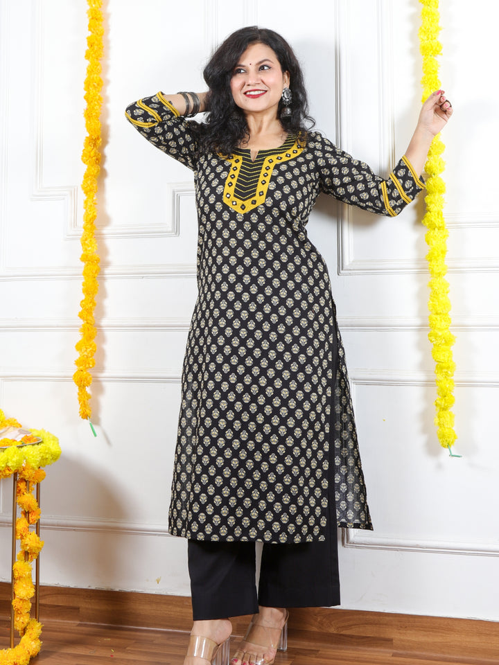 Rooh Ebony Black Mirror with Round Neck Style Printed Cotton Kurti