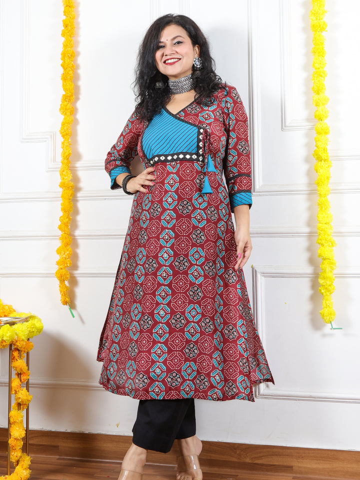 Zeenat Mulberry Maroon Angrakha Neck Printed Soft Premium Muslin Kurti