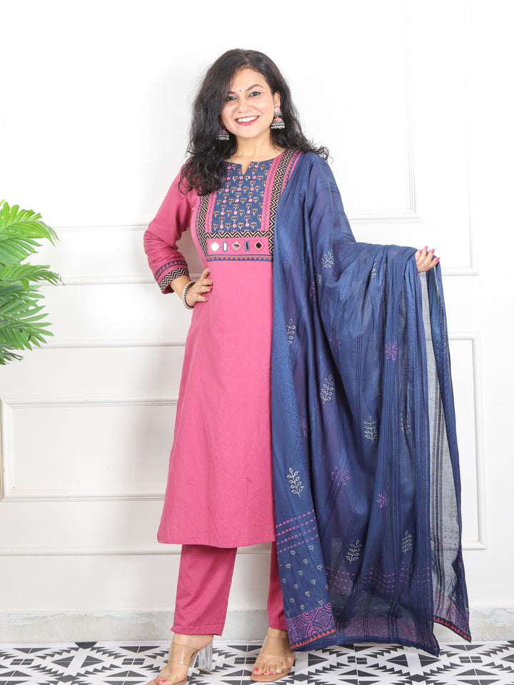 Raanjhaan Stawberry Pink Kutch Neck Work Cotton 3 Piece Set D2