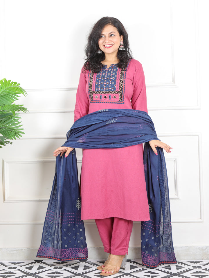 Raanjhaan Stawberry Pink Kutch Neck Work Cotton 3 Piece Set D2