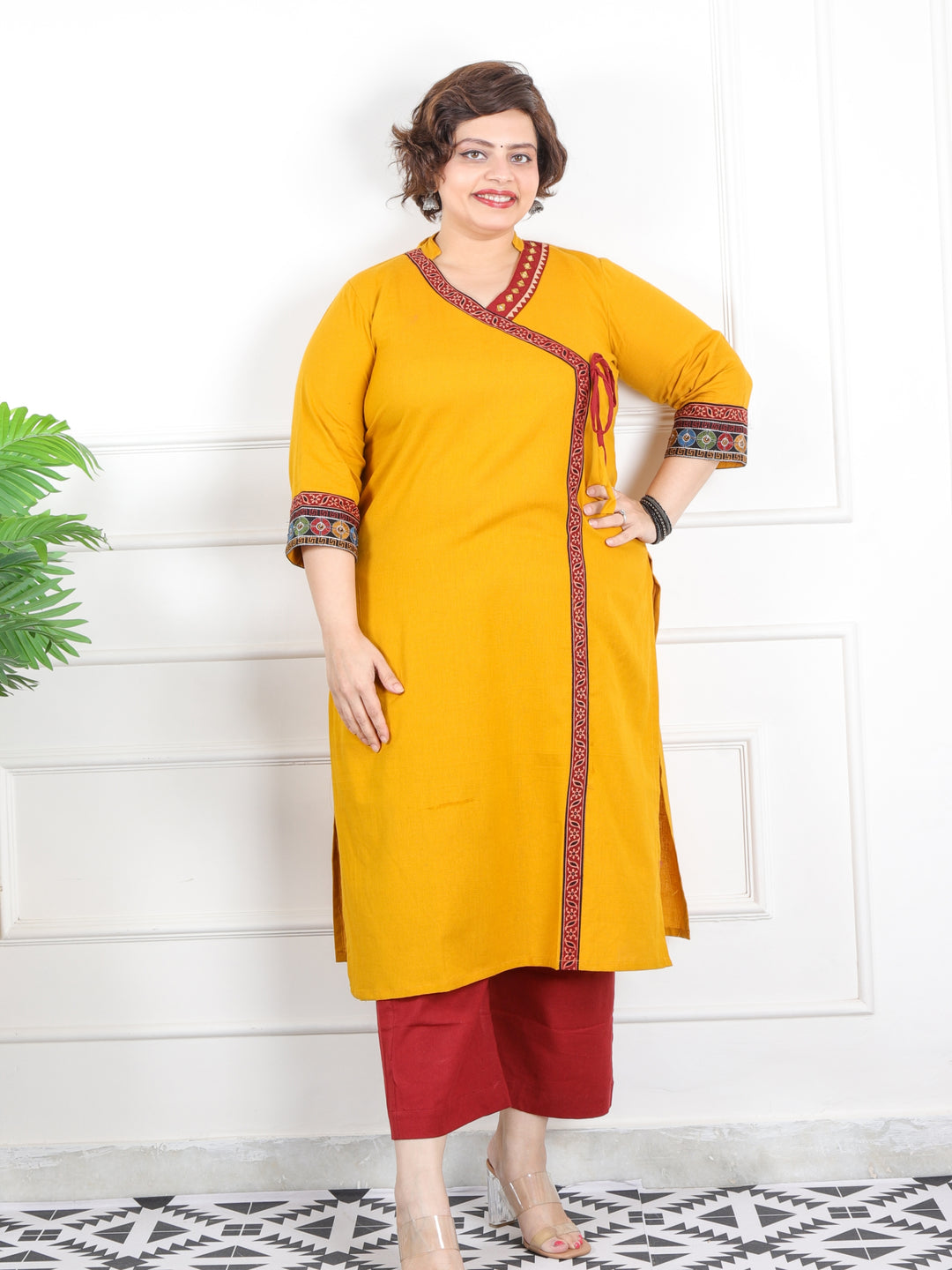 Raavi Mustard Yellow Long Angrakha Style Neck Cotton Flex Kurti