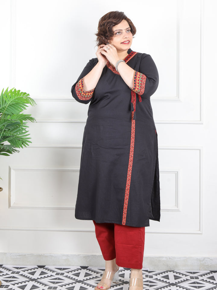 Raavi Coal Black Long Angrakha Style Neck Cotton Flex Kurti-D1