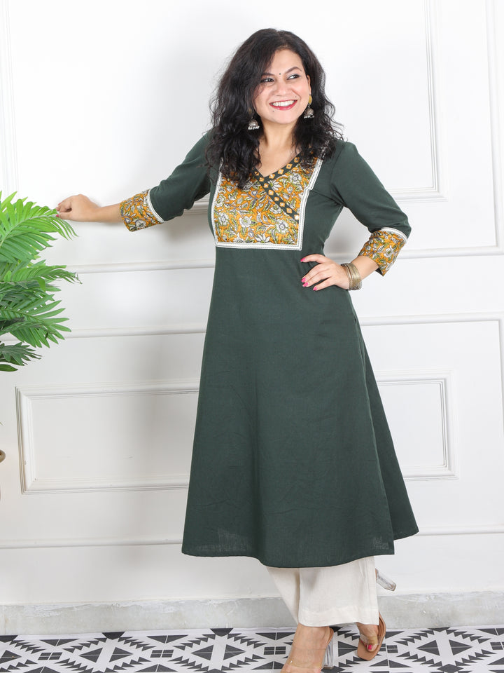 Haniya Sac. Green Kalamkari Patch in Angrakha Neck Cotton Flex Kurti