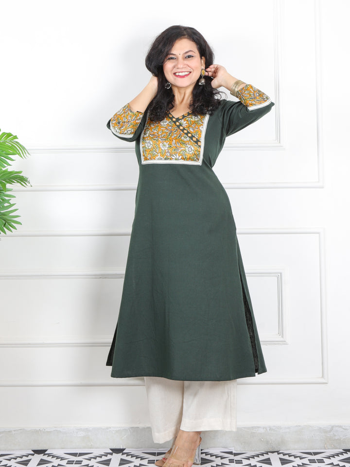 Haniya Sac. Green Kalamkari Patch in Angrakha Neck Cotton Flex Kurti