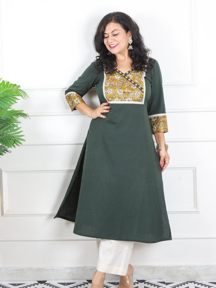 Haniya Sac. Green Kalamkari Patch in Angrakha Neck Cotton Flex Kurti