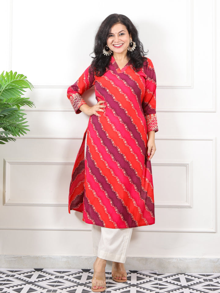 Zeenat Berry Red V Neck in Leheriya Printed Muslin Modal Kurti