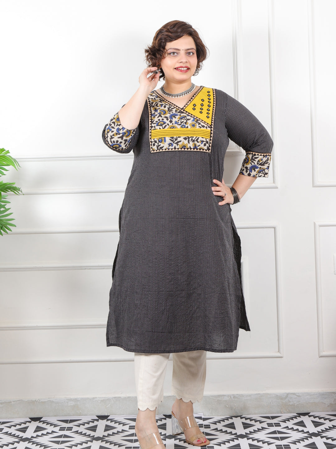 Rivaayi Raven Black Angrakha Neck In Running Stitch Cotton Kurti-D3