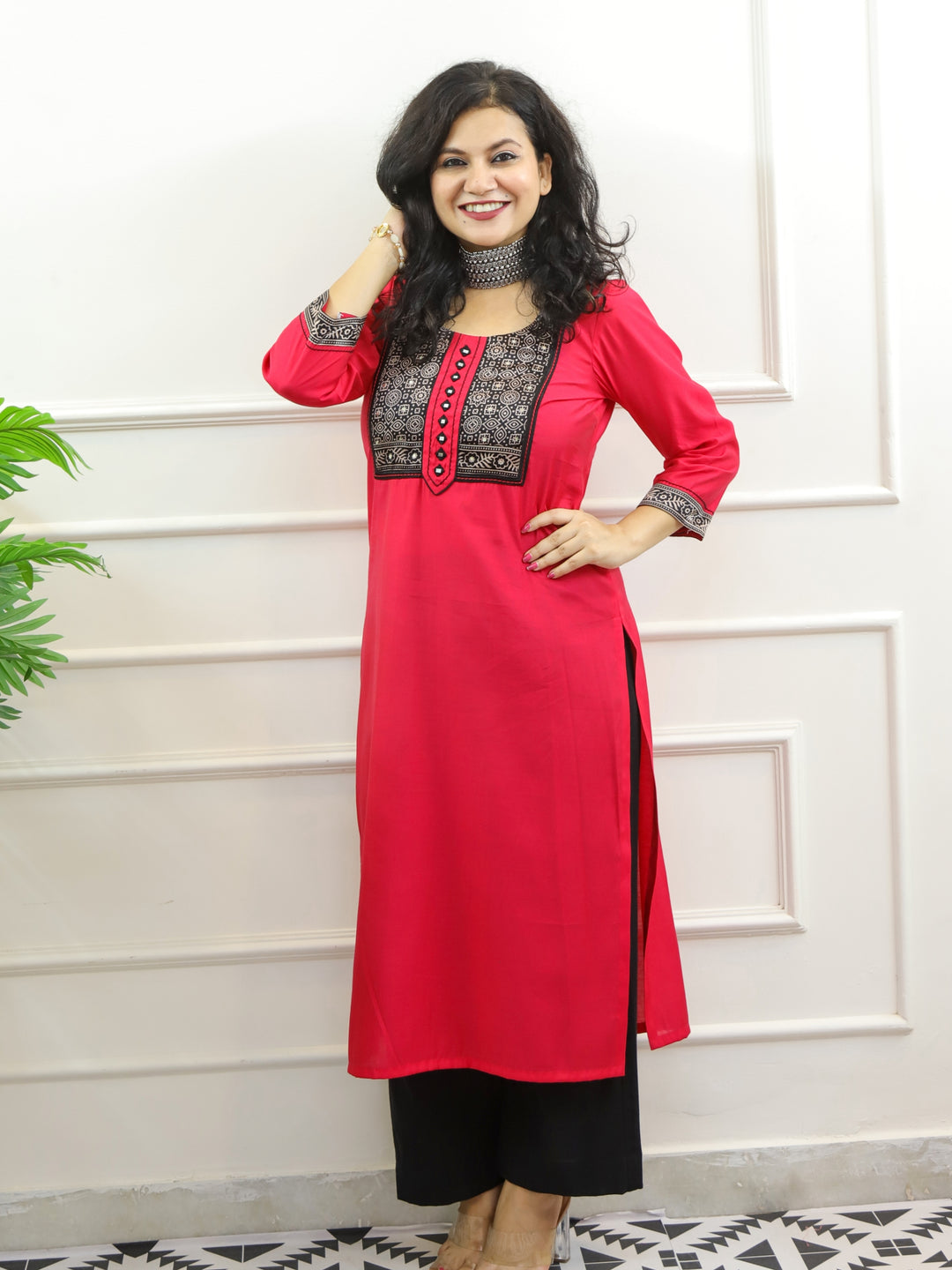 Rufsa Bright Pink Mirror Work in Printed Mashru Patch Modal Kurti