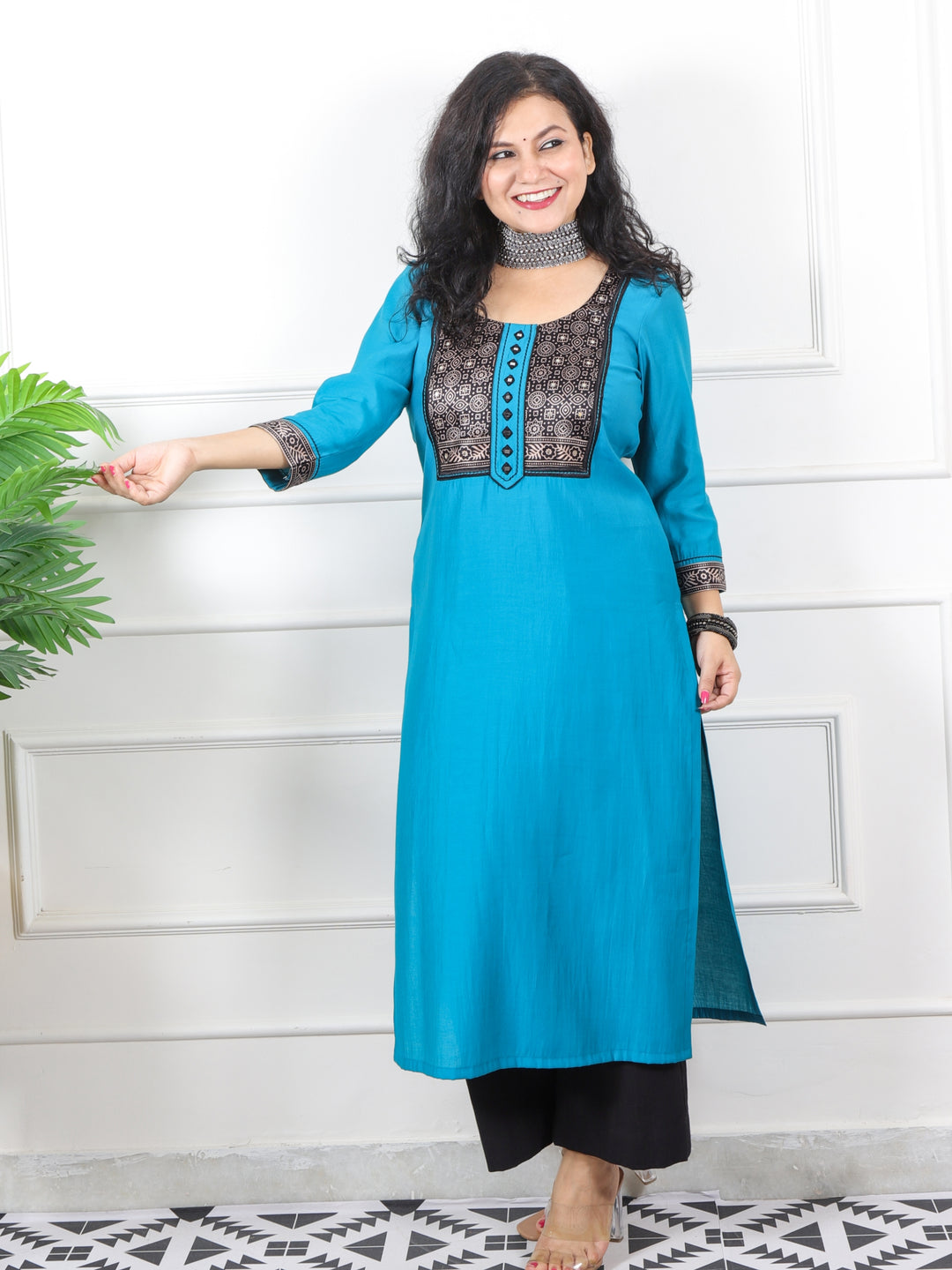 Rufsa Cyan Blue Mirror Work in Printed Mashru Patch Modal Kurti